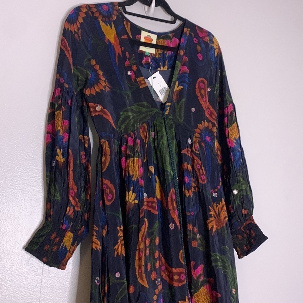 Farm Rio Navy Tropical Tapestry long sleeve Maxi Dress xs new with tags